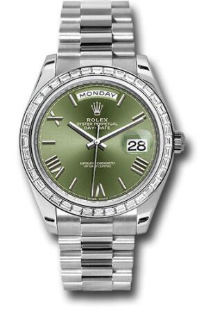 Replica Rolex 950 Platinum Day-Date 40 Watch 228396TBR Bezel Olive Green Bevelled Roman Dial President Bracelet